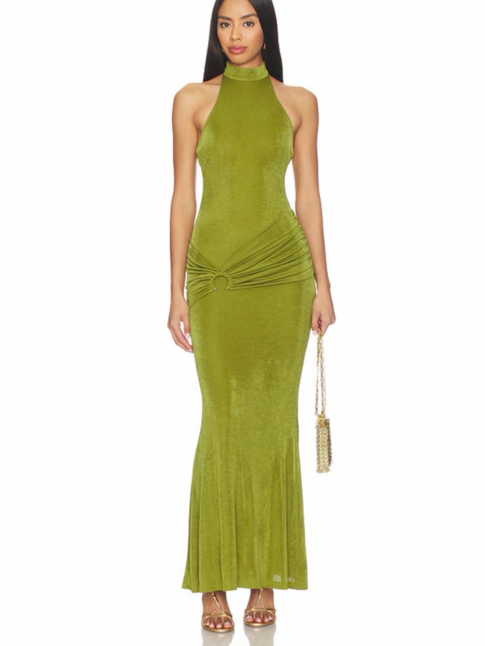 REVOLVE Olive Green Halter Maxi Dress with Waist Ring Detail